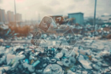 A double exposure of a recycling symbol and an industrial waste site, emphasizing the importance of responsible waste management and circular economy principles in industry