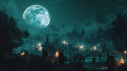 A full moon illuminating a graveyard filled with crawling zombies and flickering torches