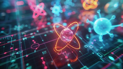Neon 3D visualization of atomic particles, electrons, and neutrons merging, with a shadow of the periodic table in the corner.