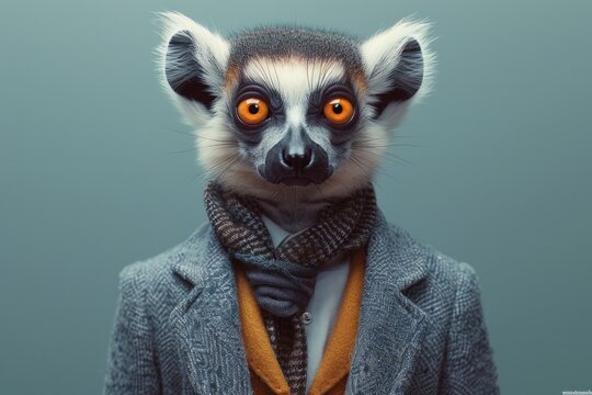 A Ring-tailed Lemur in a tailored business suit, standing against a soft pastel background, AI Generative