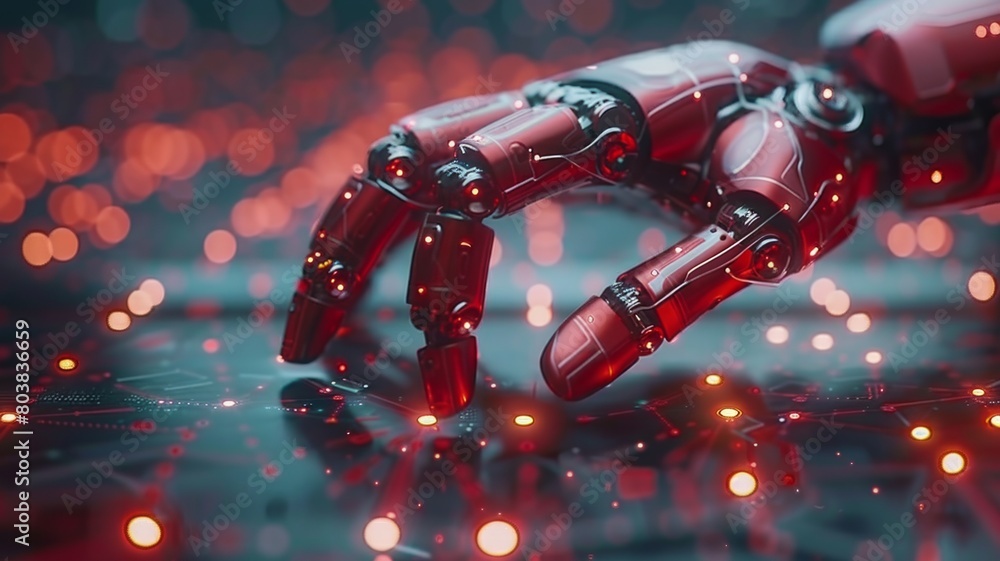Poster ai and machine learning concept, hands of a robot and human touching, set against a big data network