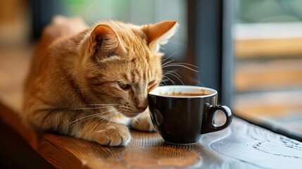 An orange cat enjoying a cup of coffee.