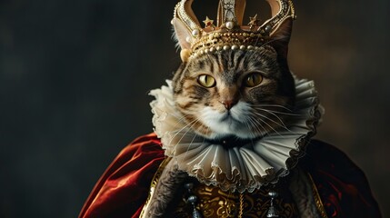 A portrait of a regal cat dressed in Victorian clothing, complete with a golden crown. The photo is taken with a Zeiss 50mm lens, showcasing ultra-detail and hyperrealism