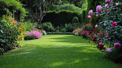 A regal garden featuring a lush lawn, rose bushes in the background, and carefully manicured trees and shrubs.