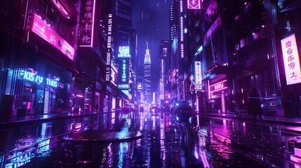 A photorealistic 3D illustration depicting a street in a futuristic city. The scene is set at night with vibrant neon lighting, creating a dark and urban landscape reminiscent of cyberpunk style.