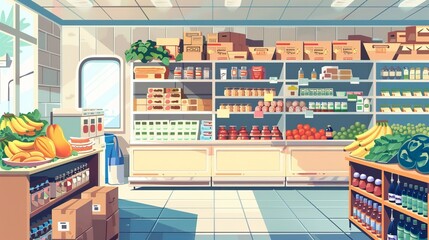 Fototapeta premium A scene depicting a supermarket aisle dedicated to health foods and mathematics-themed products.