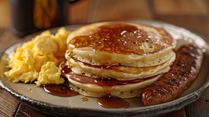 A studio-shot photograph featuring a two-layer pancake topped with maple syrup, scrambled eggs, and a flat sausage patty.