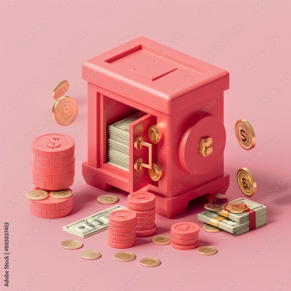 Aufkleber craft a 3d isometric icon depicting a red safe box surrounded by coins and stacks of dollar cash, vi