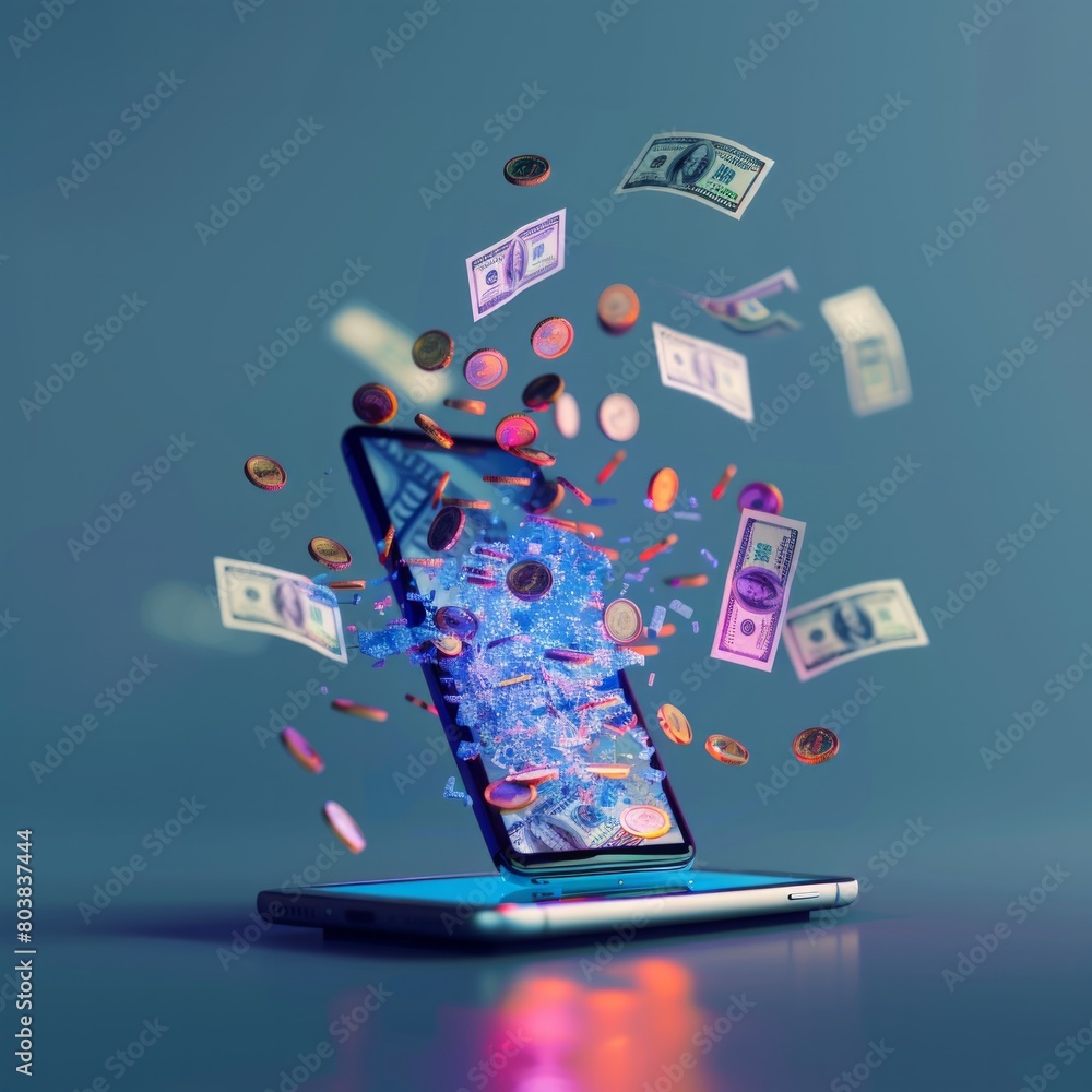 Poster craft a 3d visualization that captures the dynamic process of online money transfers, ai generative