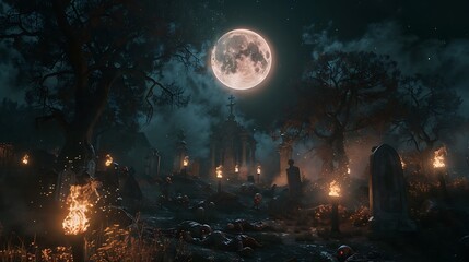 A full moon illuminating a graveyard filled with crawling zombies and flickering torches