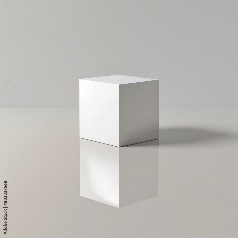 Poster create a 3d rendering of a solitary blank box, standing on a reflective white surface that mirrors i