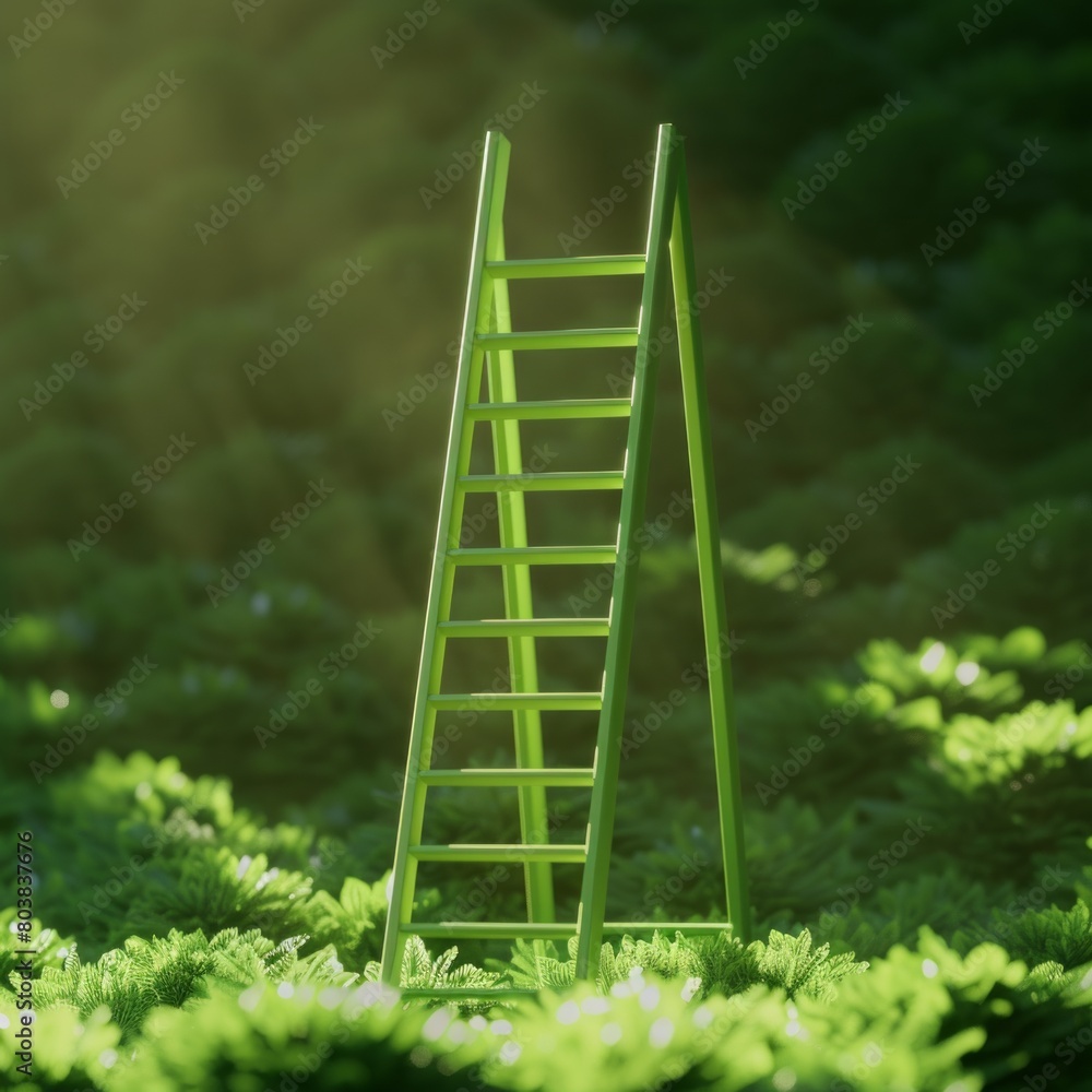 Poster create a 3d rendering of a creative and motivational scene where one ladder, significantly longer an