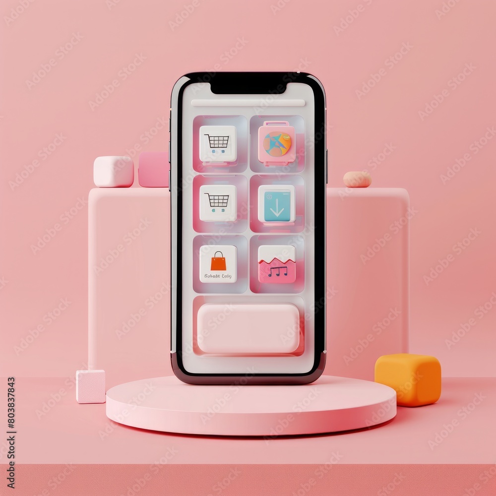 Poster design a 3d render illustration showcasing a minimalist smartphone display, featuring an online shop