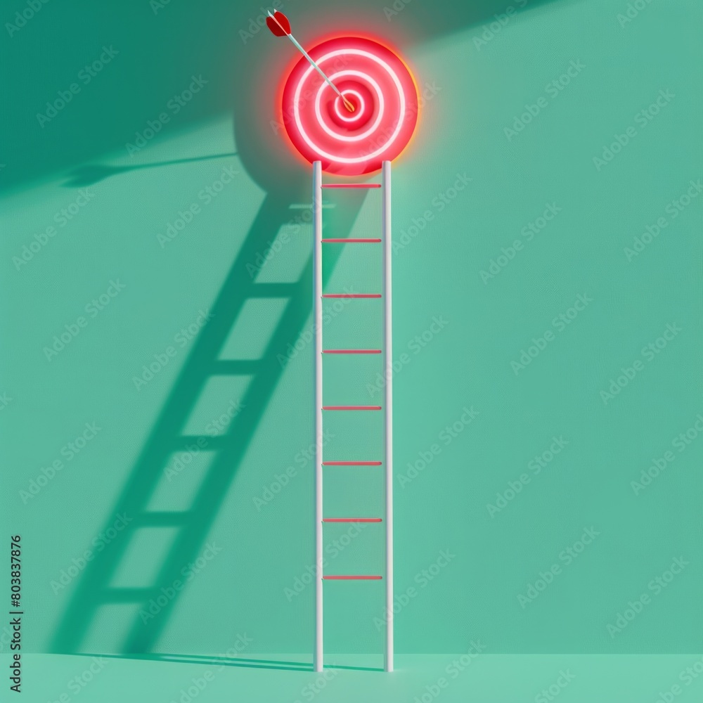 Poster design a 3d icon depicting a singular neon ladder, exceptionally long and aimed at a brightly lit ta