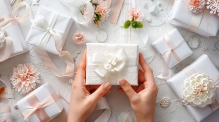 DIY White Day gift-making scene, with hands crafting personalized presents surrounded by materials like white paper, ribbons, AI Generative