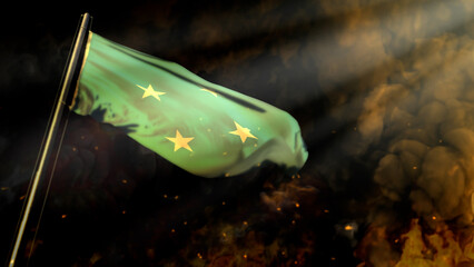 defocused Micronesia flag on smoke with sun rays bg - problem concept - abstract 3D illustration