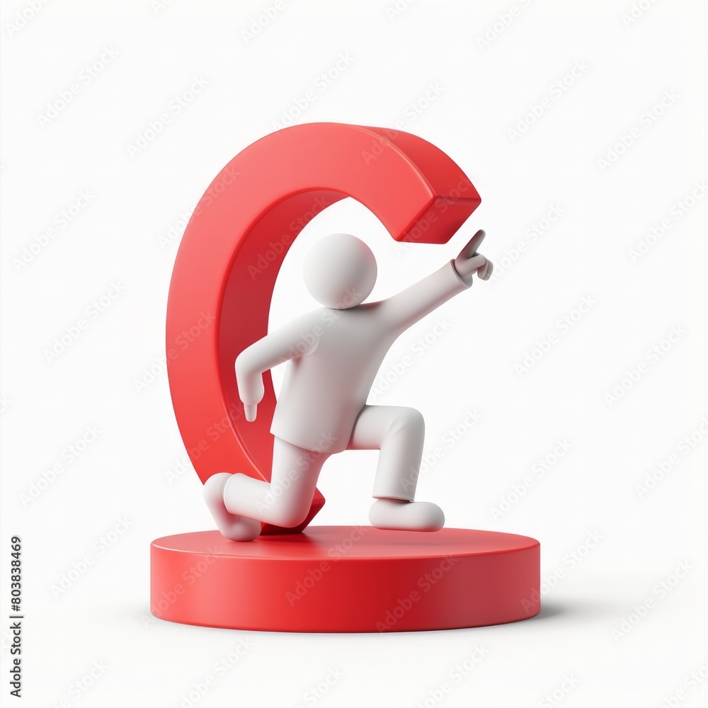 Poster illustrate a 3d icon with a man in a dynamic pose, leaning on a large red information symbol and poi