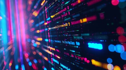Lines of colorful coding language flowing across a black screen, abstract, digital, technological, darkroom, neon lights, code, AI Generative