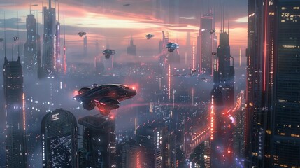 Futuristic cityscape at dusk, with flying cars and towering skyscrapers, AI Generative