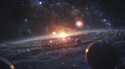 A breathtaking view of the universe featuring the Milky Way at its center, surrounded by an array of planets.
