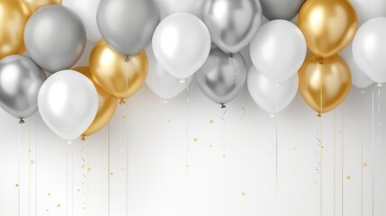 Celebration background with gold, silver and white balloons.