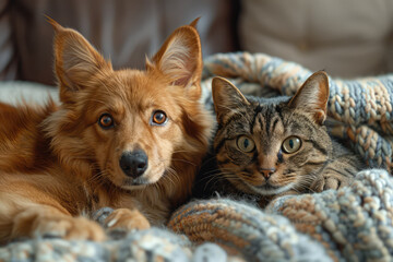 A cute dog and cat snuggled up on the sofa, sharing warm blankets. Created with Ai