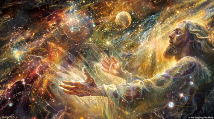 A celestial depiction of the Logos, "In the beginning was the Word", Jesus Christ manifest as the cosmic artisan.