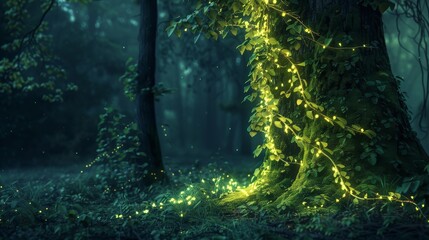 Enchanted Glowing Ivy on Tree in Mystical Night Forest