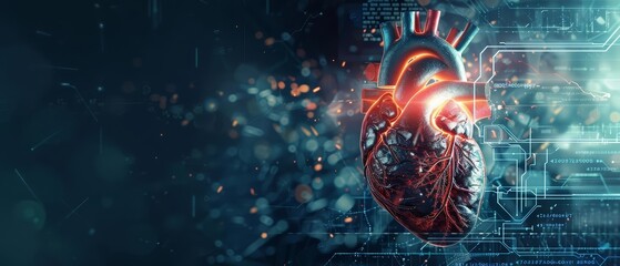 An abstract fusion of a human heart and futuristic medical machinery illustrates the integration of biotechnology and cardiology