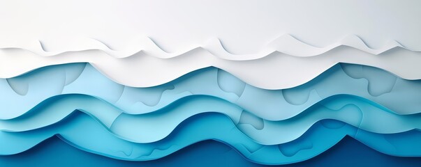 An abstract paper art of a summer seascape showcases vivid blues and whites, evoking a serene coastal vibe, paper art style Sharpen banner template with copy space on center