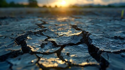 Cracked earth symbolizes global warmings impact on the environment. Concept Climate Change, Environmental Impact, Global Warming, Earth's Cracks, Nature's Warning - obrazy, fototapety, plakaty