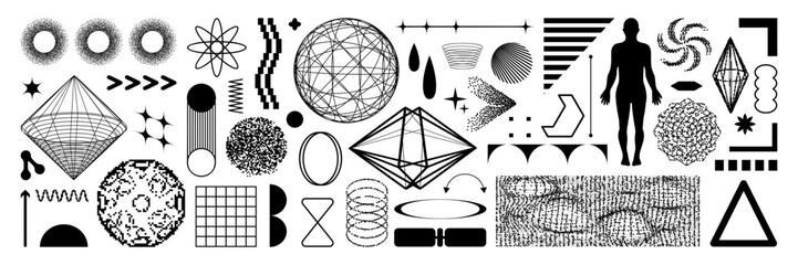 Set of graphic geometric assets with a pixelated shape. Vector stipple element in retro futuristic style. Isolated illustration for stickers, poster, collage, design template.