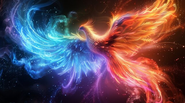 A rainbow glowing Phoenix rising from ashes against a stark black background, its feathers a blaze of neon colors.