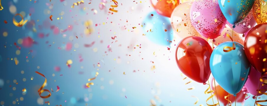 Celebrate her special day with a lovely birthday cards design featuring vibrant balloons and streamers, template sharpened for greeting cards with copy space on center