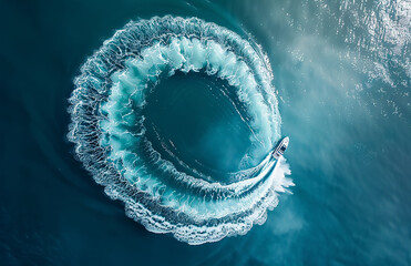 erial view of a speedboat creating a circular water trail in a blue sea, taken from a top down drone photo. The photography shows high resolution and insanely detailed imagery in a hyper realistic sty
