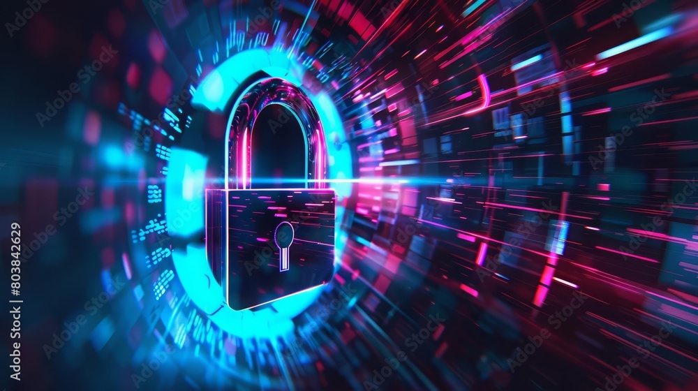 Poster creative digital padlock hologram displayed in a techdriven security concept, sharpen banner templat