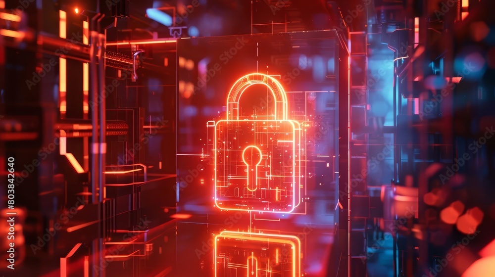 Poster creative digital padlock hologram displayed in a techdriven security concept, sharpen banner templat
