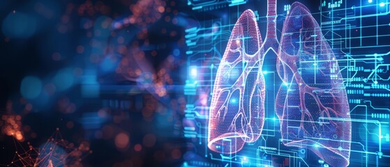 Digital illustration of human lungs with medical data overlays emphasizes advancements in respiratory health, sharpening banner template with copy space on center