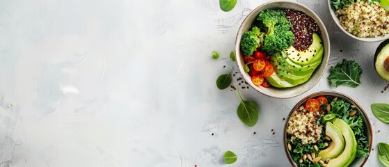 Healthy vegan bowls packed with quinoa, avocado, and kale offer a nutritional boost, with solid background and copy space on center for advertise