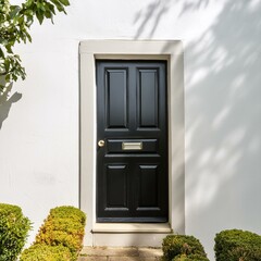 door with green grass,A minimalis the contrast of a sleek black door standing out against a pristine white wall,