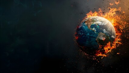 Global warming concept with globe on fire against dark background . Concept Global Warming, Climate Change, Environment, Earth in Crisis, Climate Emergency