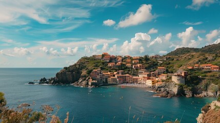 Naklejka premium beautiful view of coastal village on hill with sea with houses and bright blue clouds