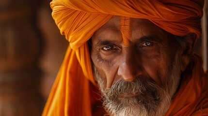 Intense gaze of an elderly Indian man with orange turban