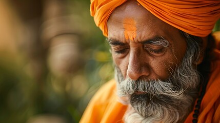 Tranquil Asian elderly man in orange turban meditating peacefully