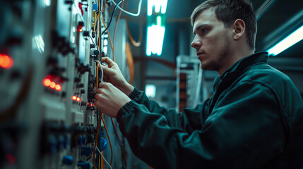 the stark backdrop of fluorescent lights and neatly arranged rows of electrical equipment, a dedicated electrician focuses intently on inspecting and repairing a switchboard his skilled hands