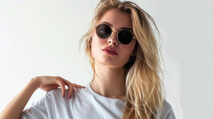 Naklejka premium Attractive young blonde woman shows confidence in a blank t-shirt and stylish sunglasses on a pristine white background.