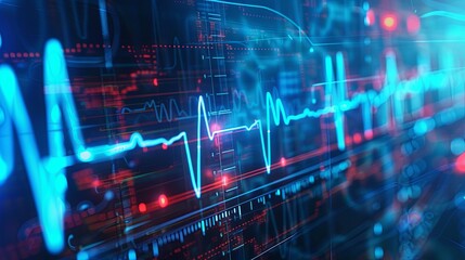 Abstract digital heartbeat monitor with glowing blue and red lines
