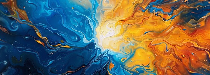 Vibrant abstract fluid art in blue and orange hues