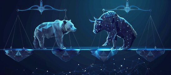 Bull and a bear stand on suspended saucers of scales