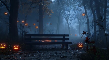 A misty forest at dusk, with sinister shadows cast by eerie Jack O' Lanterns surrounding an abandoned wooden bench on Halloween night.